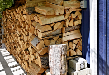 Large Stack of Firewood by Blue House